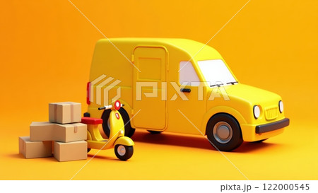 Bright Yellow Delivery Van with Boxes and Scooter 122000545