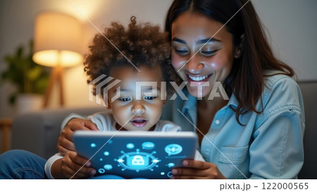 Joyful Child Engaged with a Tablet and Caring Parent Joyful Child Engaged with a Tablet and Caring Parent 122000565
