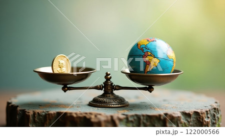 Delicate Balance Scale with Globe and Coin Delicate Balance Scale with Globe and Coin 122000566