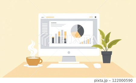 Minimalist Workspace with Computer and Coffee Minimalist Workspace with Computer and Coffee 122000590