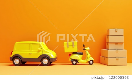 Bright Yellow Scooters and Cars Against Orange Background 122000598