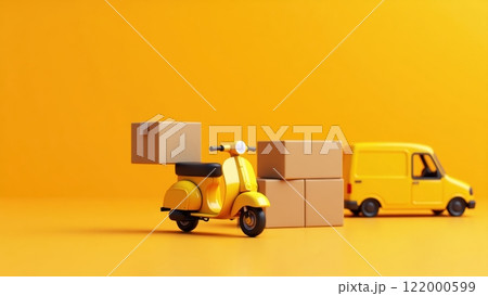 Bright Yellow Scooter with Boxes on Vibrant Background 122000599