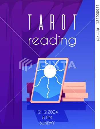 Vector illustration of a leaflet with tarot cards, date, time and place for text. 122000935
