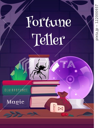 Magical vector elements on the divination poster: crystal ball, runes, crystal and books about magic Magical vector elements on the divination poster: crystal ball, runes, crystal and books about magic 122000937