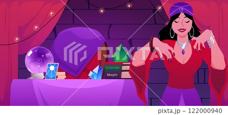Illustration of a fortune teller's room with a table, crystal ball, tarot cards, character. 122000940