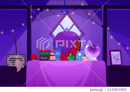 Fortune tellers room interior with witchcraft occult items, vector cartoon crystal ball, magic book, tarot, crystals Fortune tellers room interior with witchcraft occult items, vector cartoon crystal ball, magic book, tarot, crystals 122001002