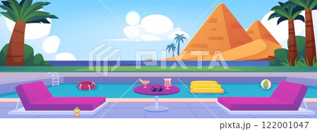Vector illustration with a swimming pool on background of the sea, pyramids and palm trees. 122001047