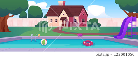Swimming pool on residence backyard vector flat illustration, cartoon swimming pool with slide and inflatable ring, ball 122001050