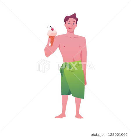 Vector illustration of male character in bathing towel holding ice cream. 122001063