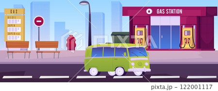 Vector illustration with urban landscape: atobus is driving along the road past a gas station 122001117