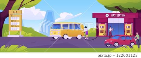 People drivers fueling at gas station on nature landscape, vector cartoon building, price board, fuel tank on the road 122001125