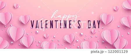 Happy Valentine's Day Banner Design with Heart and Typography Letter on Light Pink Background. Vector Wedding and Romantic Love Valentine Theme Illustration for Flyer, Greeting Card, Holiday Poster or 122001129