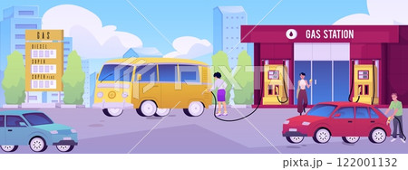 Vector illustration of a gas station with people, vehicles and an urban landscape. 122001132