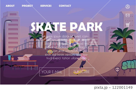 Vector illustration of an online website page with a city skate park. Vector illustration of an online website page with a city skate park. 122001149