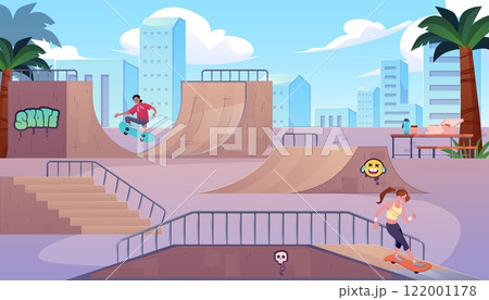 Vector illustration of a skate park with a girl and a guy on skateboards. 122001178