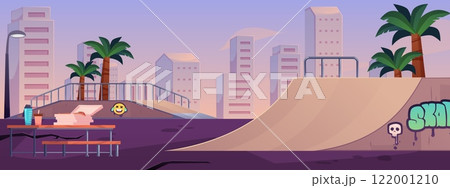 Vector illustration of urban skate park on sunset sky background. 122001210