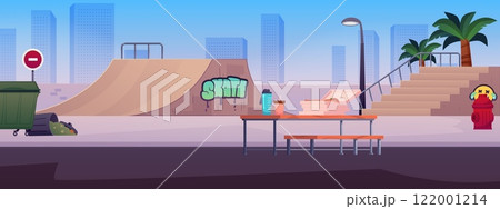 Vector graphics of a skatepark with ramps, benches, trash cans and palm trees. Vector graphics of a skatepark with ramps, benches, trash cans and palm trees. 122001214