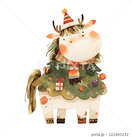 A white horse with a red and green hat is standing in front of a Christmas tree. The horse is wearing a scarf and has a present in its mouth 122001232