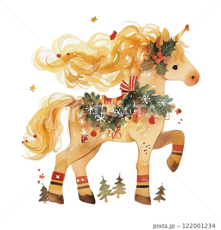 A horse with a unicorn horn and a wreath on its head. The horse is surrounded by trees and has a festive, joyful appearance 122001234