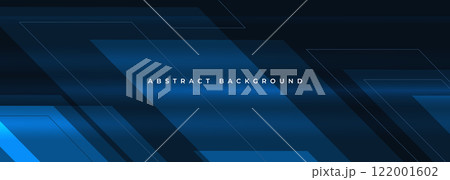 Dark blue modern abstract wide banner with geometric shapes. Bright blue technology abstract background. 122001602