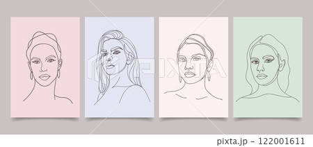 Set of posters with abstract modern portraits of beautiful young women. Line art. Hand drawn illustration. 122001611