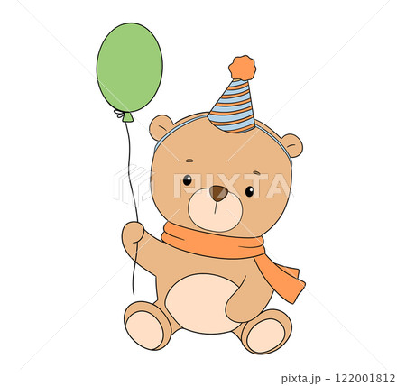 Cute bear with balloon, flat hand drawn illustration isolated on white background Cute bear with balloon, flat hand drawn illustration isolated on white background 122001812