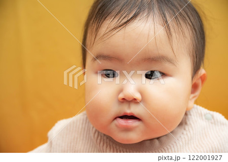 黄色バックでお座りする赤ちゃん 黄色バックでお座りする赤ちゃん 122001927