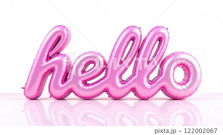 A pink "hello" balloon floats against a white background with a subtle reflection below. Concept of greeting. 122002067
