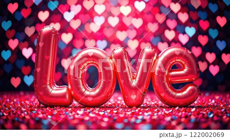 A red "LOVE" balloon sits on a reflective surface with scattered heart confetti and a blurry heart background. Concept of love and romance. 122002069