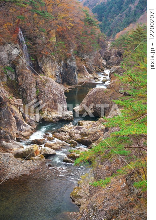 紅葉に囲まれた日光市龍王峡　むささび橋から鬼怒川の下流を望む 122002071