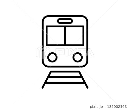 Clean line art icon of a train on tracks. Perfect for transportation, travel, public transit, or app design.  Simple, modern style ensures versatility. Ideal for websites, brochures, and infographics. 122002568