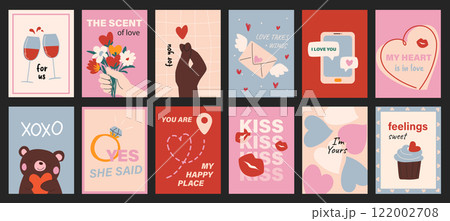 Valentine day typography template posters. Covers with love, hearts, bouquet, kiss, proposal ring, flirty message, cupcake, other. Social media banners set in retro 90s design. Vector illustration. 122002708