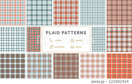 Twelve seamless vector plaid patterns in teal, orange, and white.  Perfect for textile design, apparel,  web backgrounds, and more. Highquality layered files for easy customization. 122002924