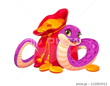 Funny Asian snake character with money bag and golden coins celebrates 2025 Chinese Lunar New Year holiday. Cartoon vector pink cute reptile personage with red pouch full of gold, symbolizing wealth 122003412