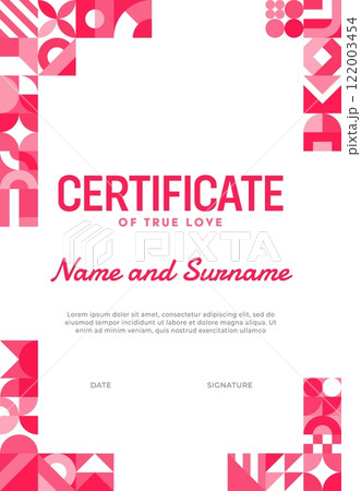 Certificate template with valentine day geometric shapes. Vector retro modern minimalistic romantic layout with abstract pattern framing the corners in shades of pink and red, certificate of true love 122003454