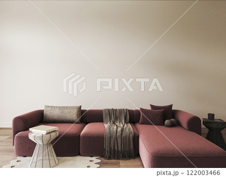 Stylish and modern living room featuring a minimalist sofa along with chic decor elements 122003466
