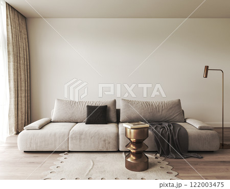 A modern living room designed with an elegant sofa accompanied by stylish and thoughtful decor A modern living room designed with an elegant sofa accompanied by stylish and thoughtful decor 122003475