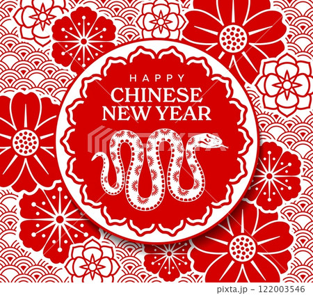 Paper cut happy Chinese new year banner with snake amidst traditional floral patterns. Vector reptile zodiac animal surrounded by bold red and white motifs, symbolize prosperity, luck, and celebration 122003546