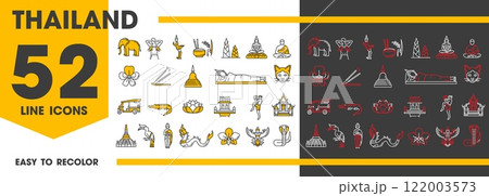 Thailand travel and landmark line icons of thai tourism, culture and food vector symbols. Asian temple, giant Buddha statue, tuk tuk, boat and palace building. Elephant, dragon, thai boxing, massage 122003573