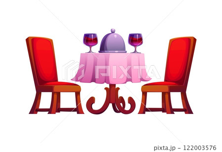 Cartoon cozy, elegant dining setup featuring two red chairs, a round table with a pink tablecloth, a cloche, and wine glasses, ready for a romantic dinner, Love dating and fine valentine day dining Cartoon cozy, elegant dining setup featuring two red chairs, a round table with a pink tablecloth, a cloche, and wine glasses, ready for a romantic dinner, Love dating and fine valentine day dining 122003576
