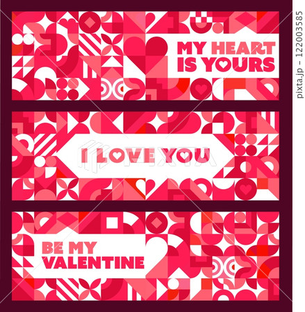 Valentines day banners with geometric shapes and abstract patterns in vibrant shades of pink and red, with romantic messages like my heart is yours, i love you, and be my valentine. Festive cards set Valentines day banners with geometric shapes and abstract patterns in vibrant shades of pink and red, with romantic messages like my heart is yours, i love you, and be my valentine. Festive cards set 122003585