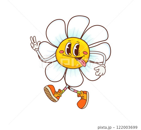 Groovy daisy or chamomile flower character with tongue out, vector retro cartoon. Happy groovy daisy or chamomile flower with hippie peace sign and silly face smile for psychedelic cartoon character 122003699