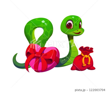 Cartoon Asian green snake character with red money pouch and heart shaped gift box, symbolizing prosperity and love feelings for valentine day. Vector reptile personage celebrating romantic event 122003704