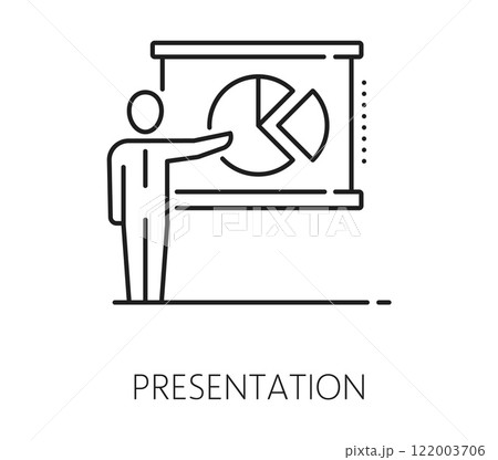 Data analytics and presentation analysis line icon. Company strategy statistic analysis, finance report infographics or business research data presentation line vector symbol 122003706