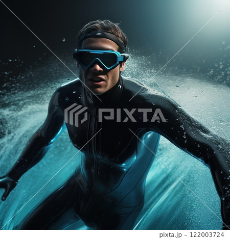 A man, in a wetsuit, surfs underwater enjoying the ocean waves, embodying adventure, in a display of action and skill A man, in a wetsuit, surfs underwater enjoying the ocean waves, embodying adventure, in a display of action and skill 122003724