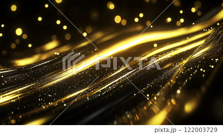 Golden light waves glittering sparkles abstract animated texture on black background  122003729