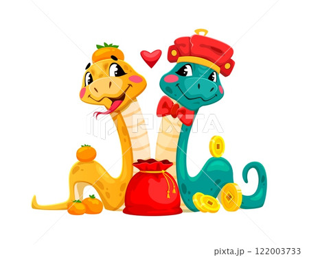 Funny cartoon snakes with love heart, valentine day and Chinese new year characters. Vector playful reptiles couple share a loving Cny vibe with red money pouch, symbolizing prosperity and affection 122003733