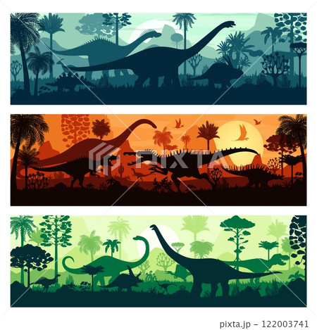 Horizontal banners with prehistoric era landscape and dinosaurs silhouettes. Jurassic era tropical forest sunset vector background with dinosaurs, fern trees and prehistoric volcano silhouettes Horizontal banners with prehistoric era landscape and dinosaurs silhouettes. Jurassic era tropical forest sunset vector background with dinosaurs, fern trees and prehistoric volcano silhouettes 122003741
