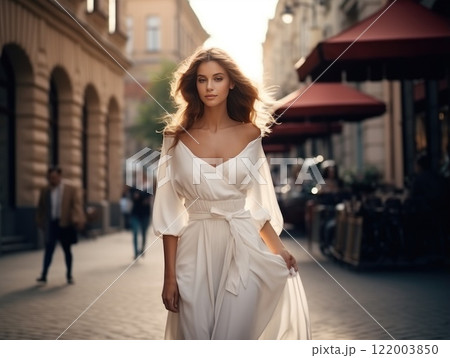 An Elegant Woman in a Beautiful and Romantic Dress Strolling Gracefully in an Urban Setting. Wedding photo shoot or model shows off her gown 122003850