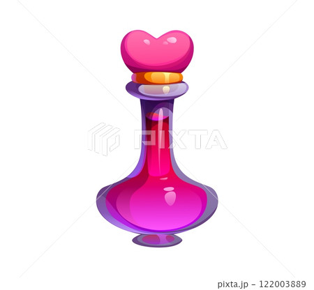 Cartoon whimsical potion bottle with a pink heart shaped stopper and vibrant red liquid, symbolizing love, valentine day, magic and enchantment, fantasy, romance, witch brew or mystical concoction 122003889